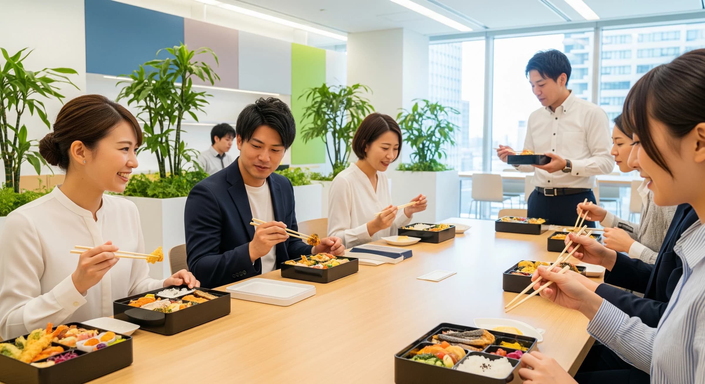 社員が弁当を囲んで昼食をとる様子